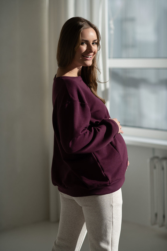 Milk It Easy! Bluza ciążowa i do karmienia Mauve Wine Milk&Love – oversize, kryte zamki, bawełniana dzianina Oeko-Tex