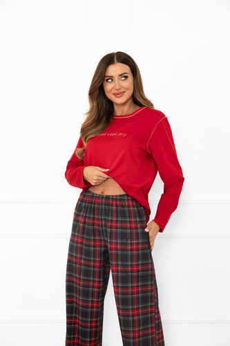 Rozana piżama damska Italian Fashion czerwona– bawełniana, długi rękaw i spodnie, krata 