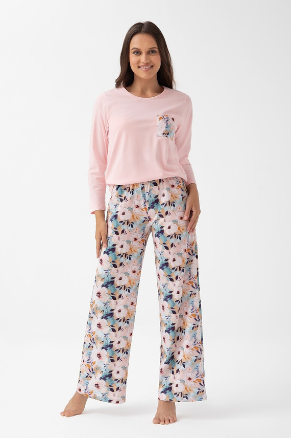 348 Piżama damska Luna różowy  – bawełna, długi rękaw, kwiatowy wzór, wygoda i styl