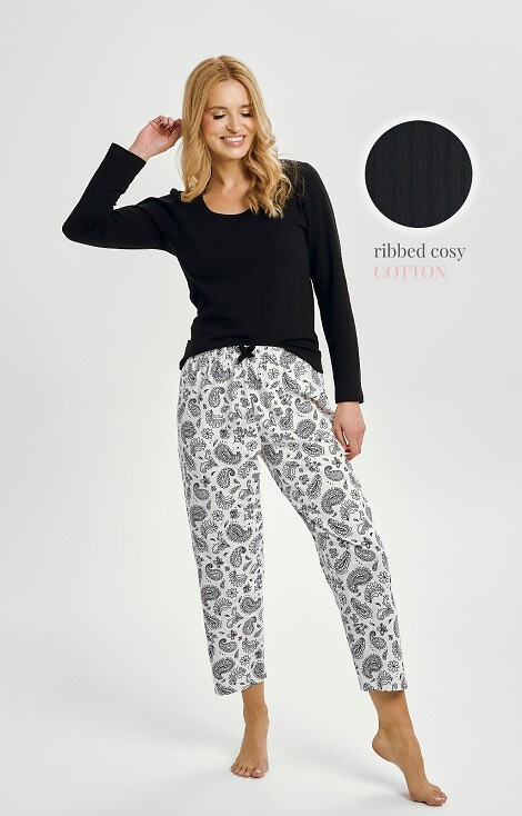 3454 Piżama damska bawełniana Taro  czarna  – długi rękaw, wzorzyste spodnie