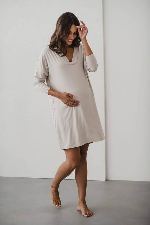 Moon bambusowa koszula nocna ciążowa i do karmienia długi rękaw Milk&Love jasny beż