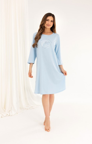 Koszula nocna bawełniana 167 niebieski – rękaw 3/4, nadruk, rozkloszowana, przed kolano
