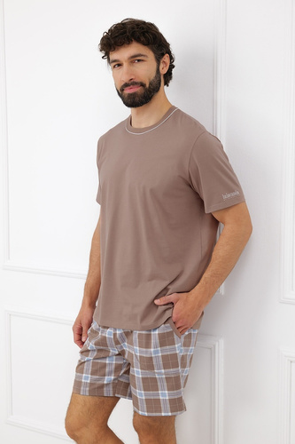 Piżama Męska Italian Fashion Dante Bawełna Krótka Szorty Krata Kieszenie-cappuccino