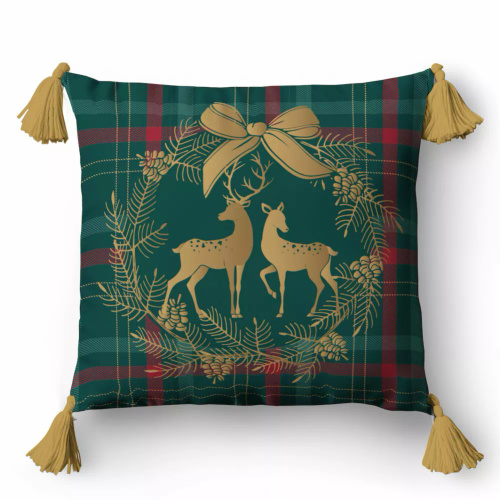 5380 A Poszewka świąteczna dekoracyjna Christmas Deco Detexpol renifer w wieńcu na tle kratki- zamek błyskawiczny