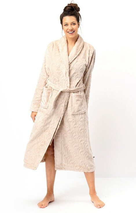 LG: 605 Szlafrok damski Key– beżowy, miękki, szalowy kołnierz