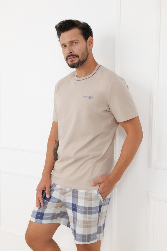 Piżama męska Juno Italian Fashion 100% bawełna krótki rękaw szorty-beżowa