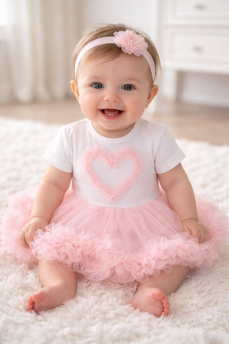 Body-sukienka Mia Bambarillo niemowlęca tiulowa elegancka z sercem śmietankowo-morelowa