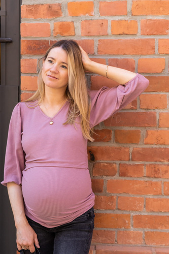 Bluzka ciążowa i do karmienia Milky Puff Milk&Love prążek bufka brudny róż