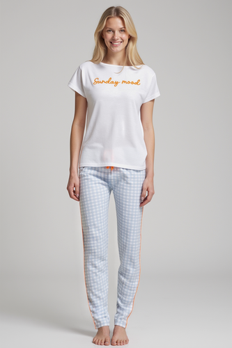Dana Piżama damska Sorbetto niebieska  – bawełna 100%, krótki rękaw, spodnie w kratkę, komplet
