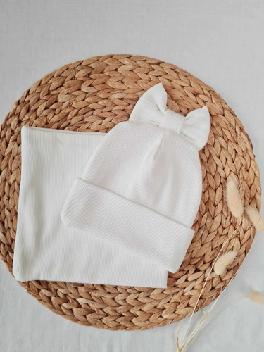 15K Czapka z kokardką prążek podwójna Marija - ecru