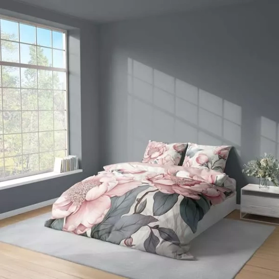5428 A Pościel 3D z mikrofibry z różowymi piwoniami i szarymi liśćmi – Detexpol