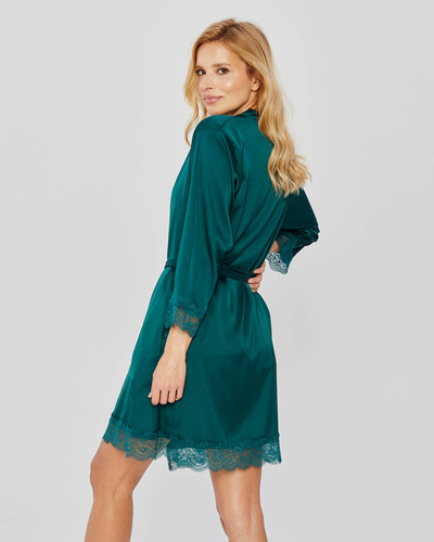 Szlafrok satynowy z koronką Mona dark green 