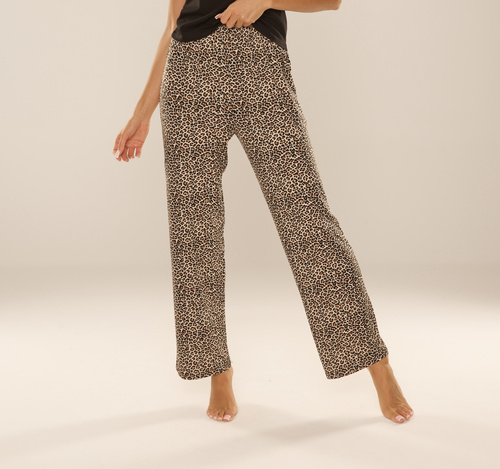 852 Kendall De Lafense – spodnie piżamowe damskie, długie, panterka, wiskoza, polska produkcja - brązowy
