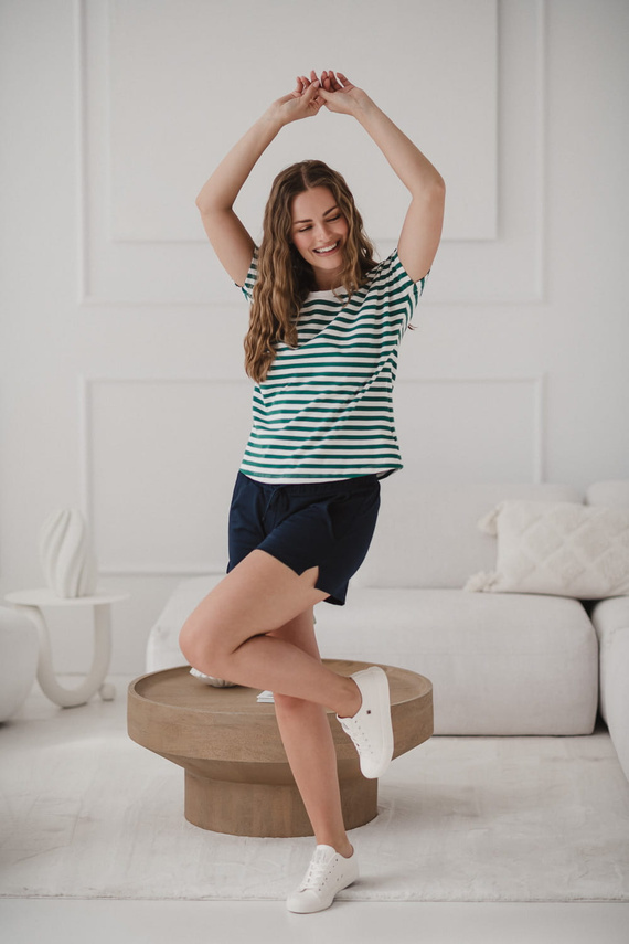 Two Ways Dwustronna bluzka ciążowa i do karmienia | Krótki rękaw, komfortowa Milk&Love zielono-białe paski