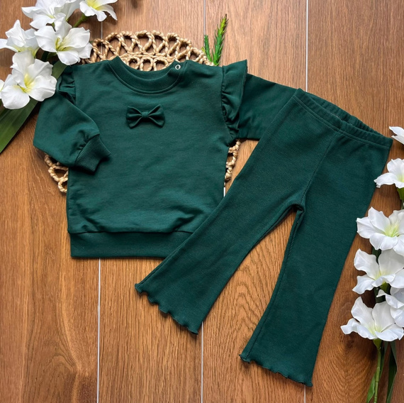 Mamatti DR719 zielony dres dziewczęcy bawełniany bluza z kokardką legginsy dzwony