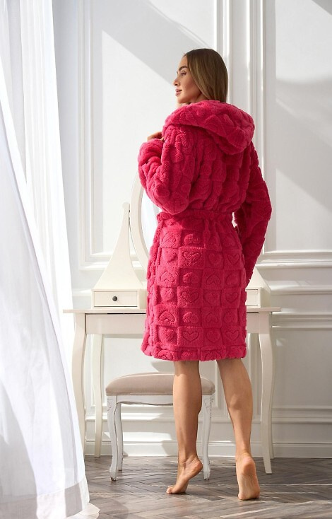 2553 Valentina Krótki szlafrok damski L&L z kapturem i kieszeniami - malinowy 