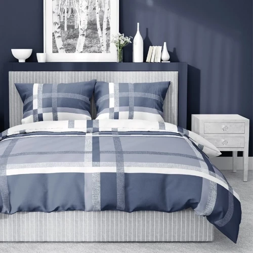 4674 B Home Satin Pościel satynowa krata Detexpol niebieski