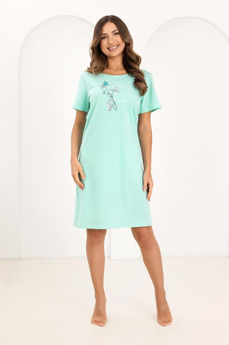 Koszula Nocna Damska Regina 172 zielona– 100% Bawełna, Krótki Rękaw, Półokrągły Dekolt, Nadruk, Długość Przed Kolano