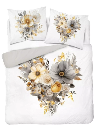 5125 A Pościel bawełniana Holland Detexpol biała z sercem z kwiatów beżowo-szarych– 100% bawełna, dwustronna, polska produkcja