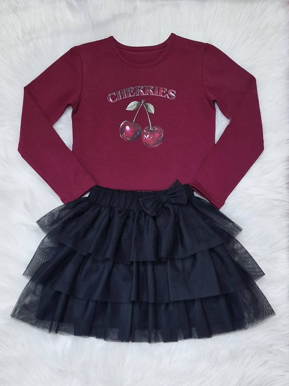 Bluzka dziewczęca Cherries Bambarillo bordowa– bawełniana, długi rękaw, z nadrukiem