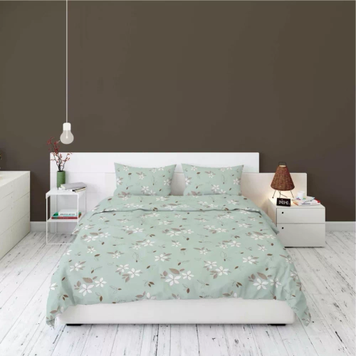 5632 B Pościel flanelowa Pastel Flowers Detexpol miętowa w białe kwiaty i liście- ciepła, miękka i elegancka