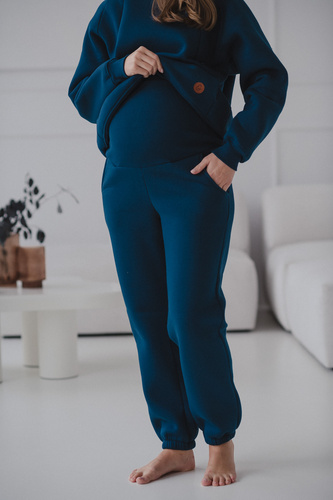 Motherhood Spodnie ciążowe Milk&Love navy– gruba dzianina, elastyczny pas, bawełna z poliestrem, Oeko-Tex