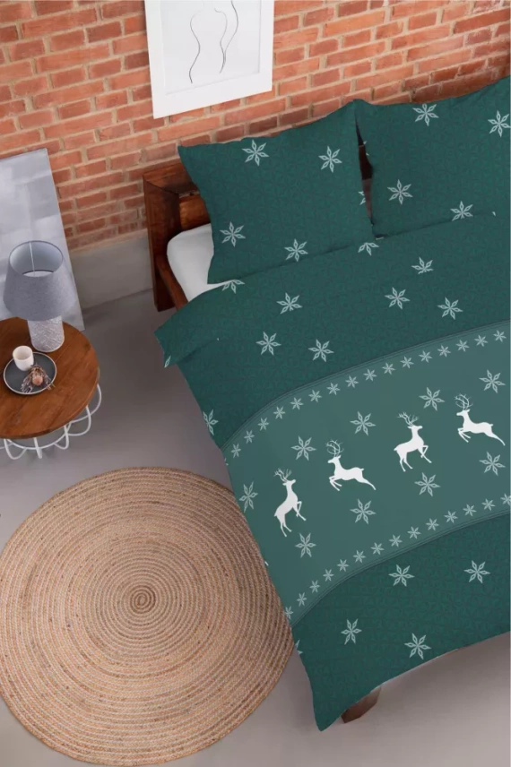 5621 B Magia Świąt Pościel flanelowa świąteczna Detexpol zielona w renifery i śnieżynki– bawełna 100%, 160 g/m², zamek, OEKO-TEX®
