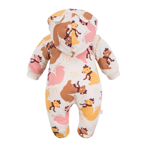 Fluffy Tails Kombinezon dziecięcy dresowy Eevi – ecru, ze stópkami i kapturem, jesienny nadruk