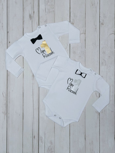 "Roczek" Body z długim rękawem dla chłopca Bambarillo - biało- srebrne
