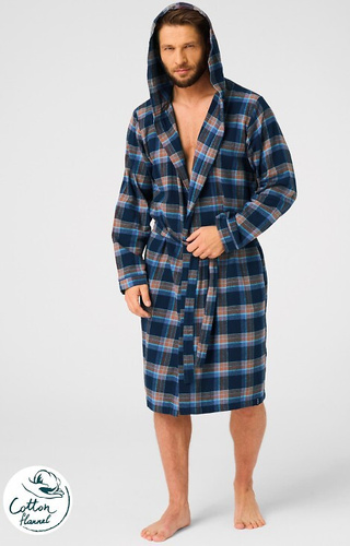 MGL 431 Szlafrok męski Key jeans – kratka, soft, szalowy kołnierz