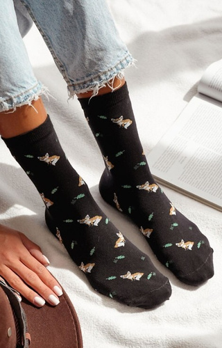 0200-182 Lisy i Liście Skarpety damskie Milena – bawełniane- czarne
