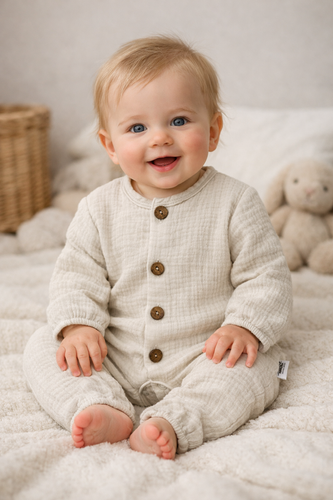 Pajac muślinowy Just Muslin 02235BE Makoma beige– lekki, oddychający, 100% bawełna