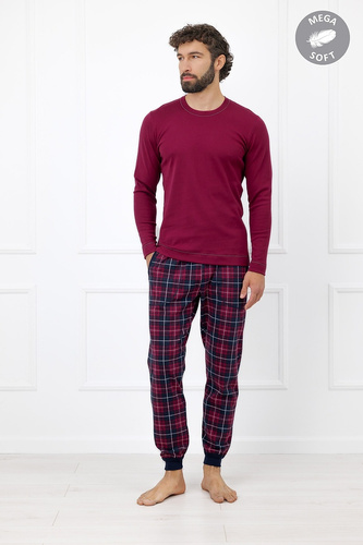 Italian Fashion Brajan Piżama męska Mega Soft długa spodnie w kratę-bordowy