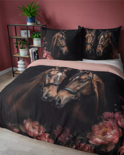 5295 A Holland Pościel bawełniana konie kwiaty Detexpol czarny