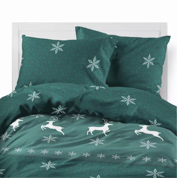 5621 B Magia Świąt Pościel flanelowa świąteczna Detexpol zielona w renifery i śnieżynki– bawełna 100%, 160 g/m², zamek, OEKO-TEX®