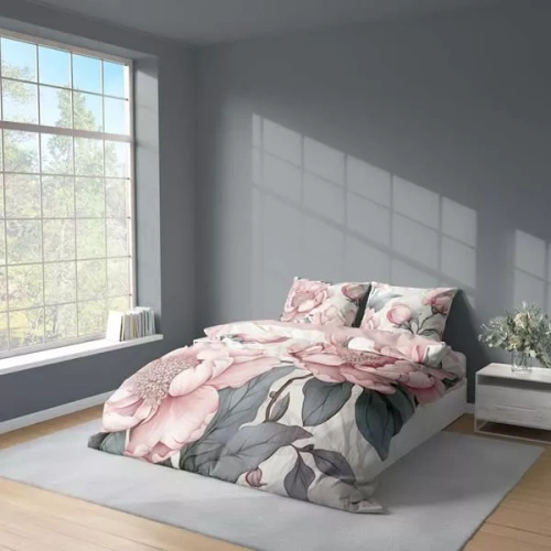 5428 A Pościel 3D z mikrofibry z różowymi piwoniami i szarymi liśćmi – Detexpol