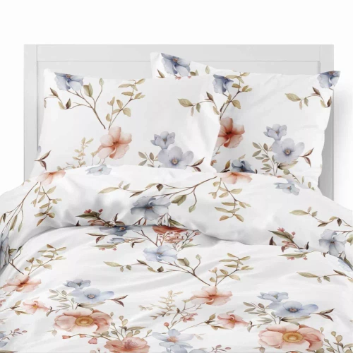 5635 A Pościel flanelowa Pastel Flowers Detexpol biała w kwiaty morelowe i niebieskie– ciepła, miękka i elegancka