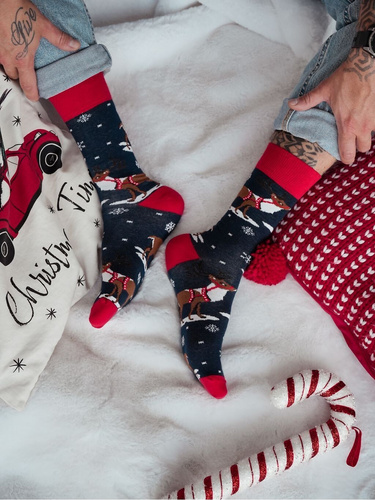 1290-035 Renifer z Uprzężą Skarpety męskie świąteczne Milena granatowy