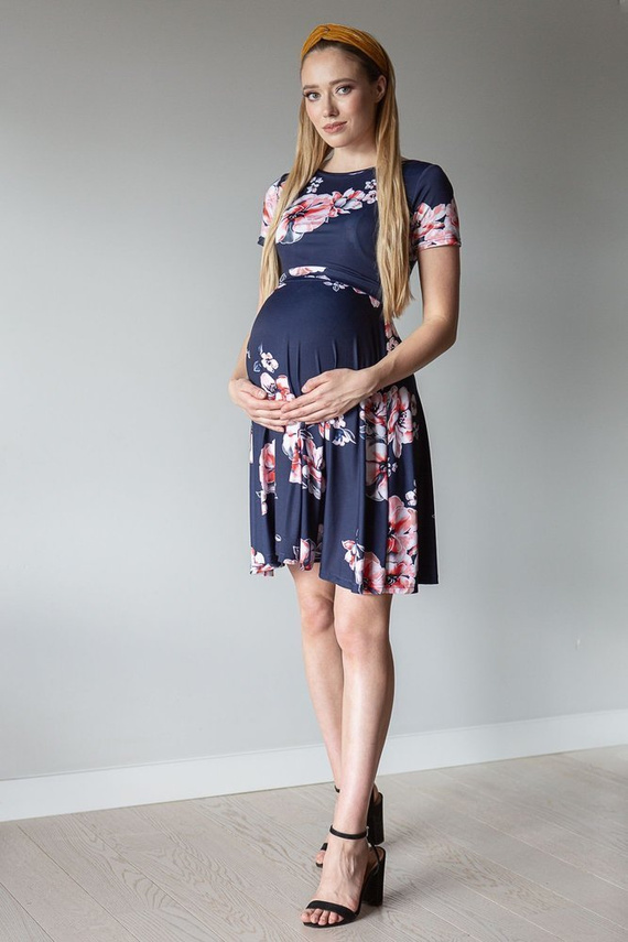 124 Sukienka ciążowa i do karmienia MIRACLE- granatowy kwiaty