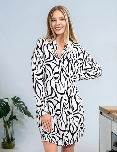 Koszula nocna PDK4800-003 Moraj kremowa – wiskoza, długi rękaw, zapinana na guziki