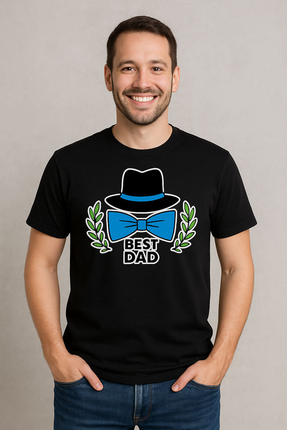 SKU M22 "Best dad z kapeluszem i muszką" Koszulka męska Moocha czarny 