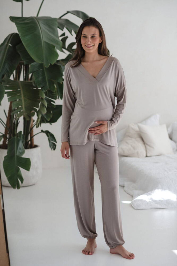 Moon bambusowe spodnie od piżamy ciążowej długie Milk&Love beżowy