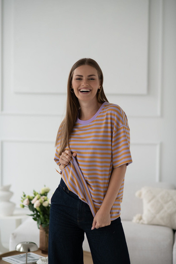 Mamahood T-shirt ciążowy i do karmienia Milk&Love miodowo-liliowe paski– wygodny i stylowy