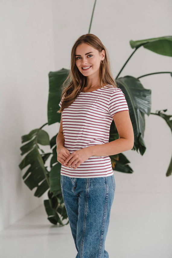 MamaFlow Bluzka do karmienia z krótkim rękawem Milk&Love- bordowe paski