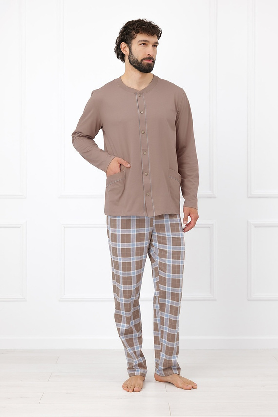 Italian Fashion Wilhelm Piżama Męska 100% Bawełna Guziki Krata - cappuccino