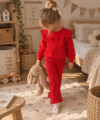 Mamatti DR714 czerwony dres dziewczęcy bawełniany bluza z kokardką legginsy dzwony