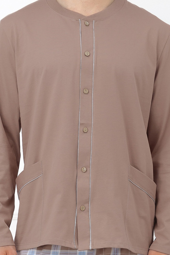 Italian Fashion Wilhelm Piżama Męska 100% Bawełna Guziki Krata - cappuccino
