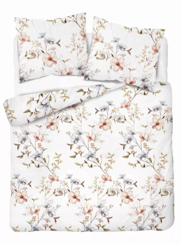 5635 A Pościel flanelowa Pastel Flowers Detexpol biała w kwiaty morelowe i niebieskie– ciepła, miękka i elegancka