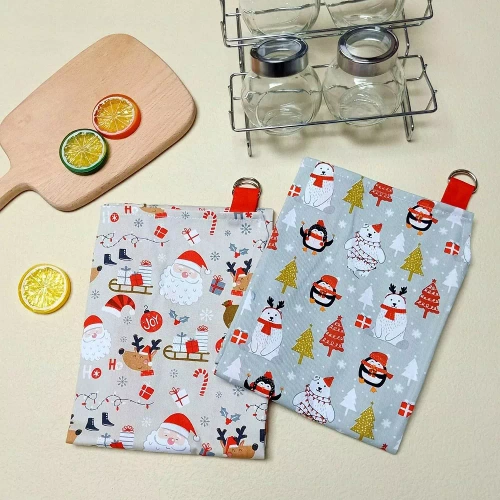 Fartuch kuchenny świąteczny Santa 60x75 biały czerwony Mikołaje – bawełniany Spod Igły i Nitki