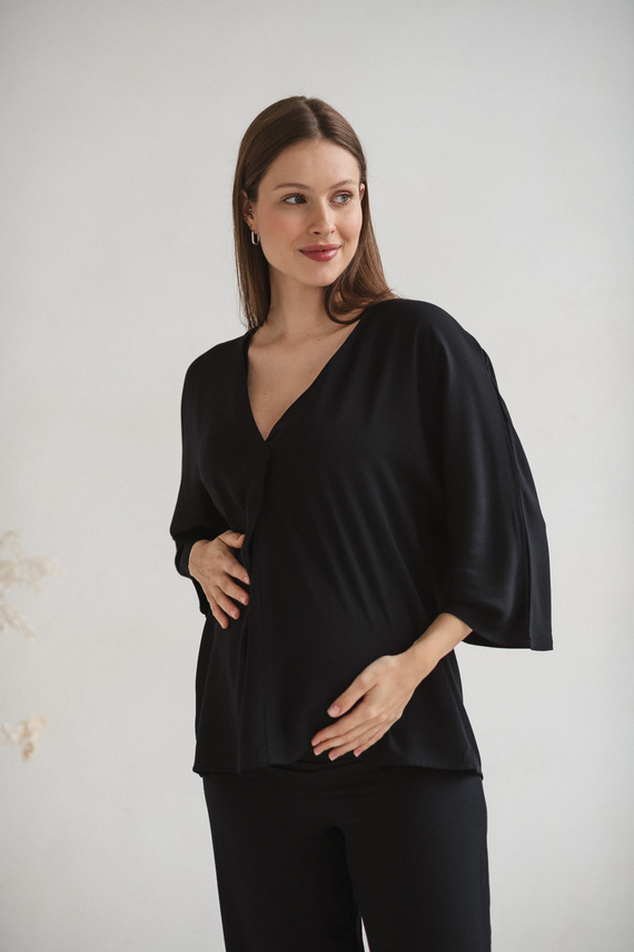 Mamafullness Bluzka ciążowa do karmienia Milk&Love czarna– wiskoza, rękaw 3/4, oversize